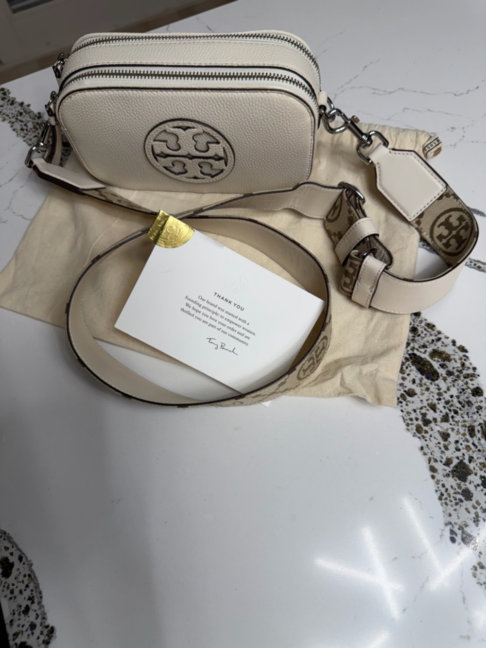 Tory Burch Cream Pebbled Leather Double-Zip Crossbody with Logo Strap